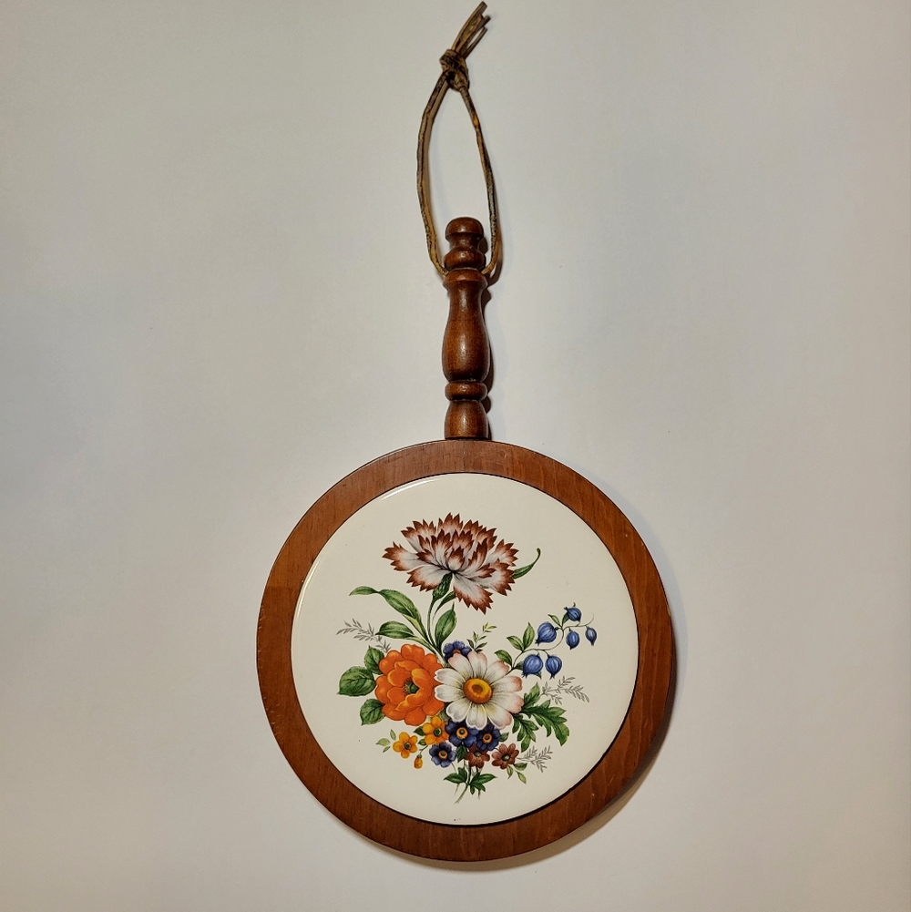 Vintage, 1970s, MCM, Cornwall Wood Paddle Trivet With Floral Ceramic Tile Insert